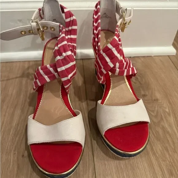 Sperry Red and White Nautical Wedge Sandals - Picture 2 of 5